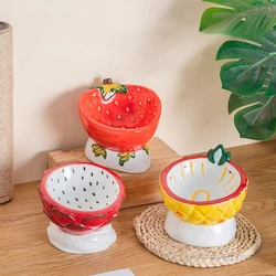 Creative Cute Fruit Shape Bowl Series Non Slip Ceramic Protection Cervical Neck Oblique Mouth, High Feet, Pet Dog, Cat, New, 1Pc