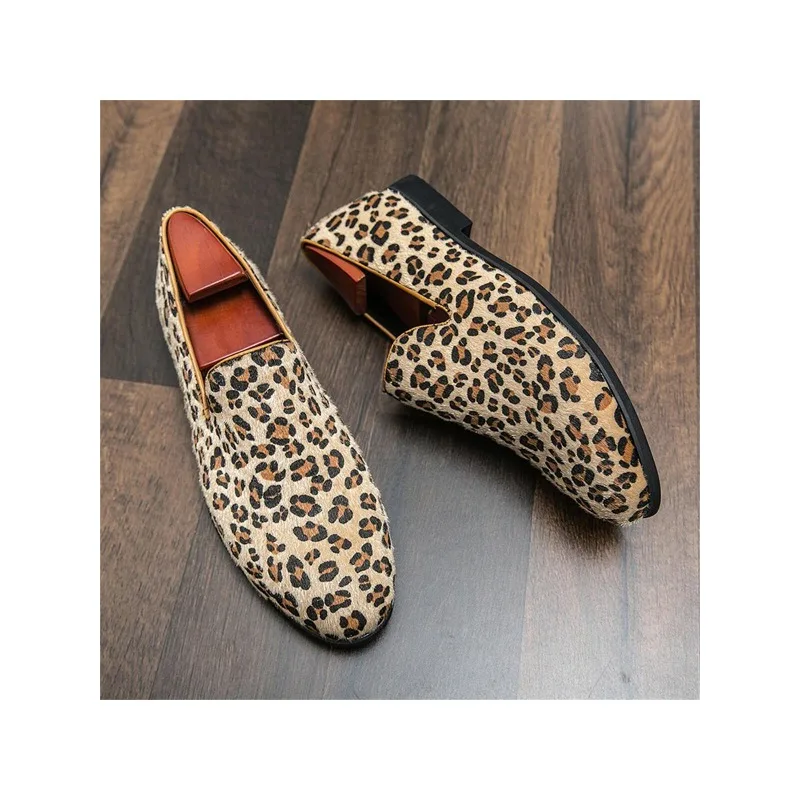 Men Leopard Pattern Dress Loafers, Fashion Office Dress Shoes