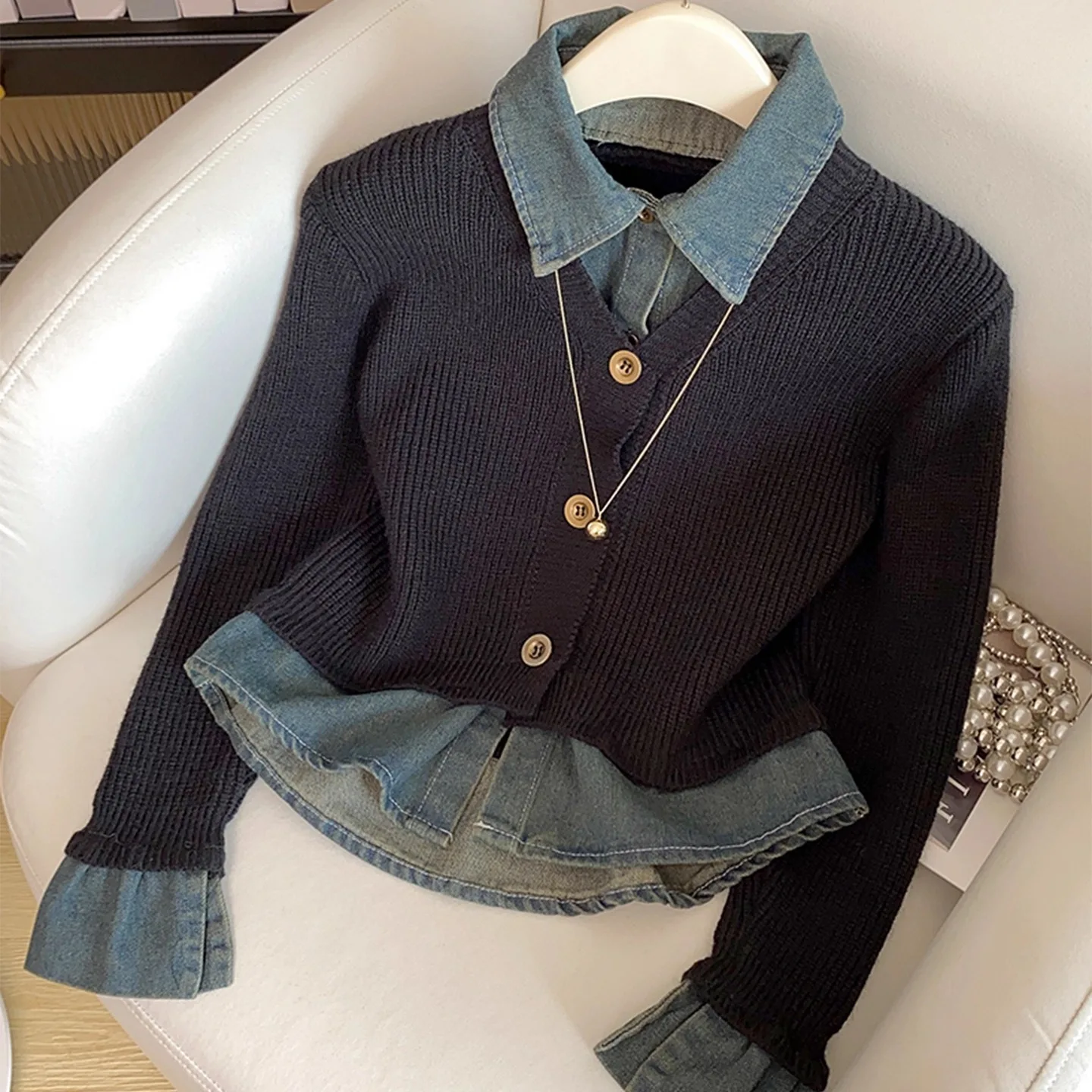 

Cowboy Patchwork Fake Two-piece Knitted Cardigan Autumn Winter New Long Sleeved Lapel Sweater Jacket Fashion Casual Women's Top