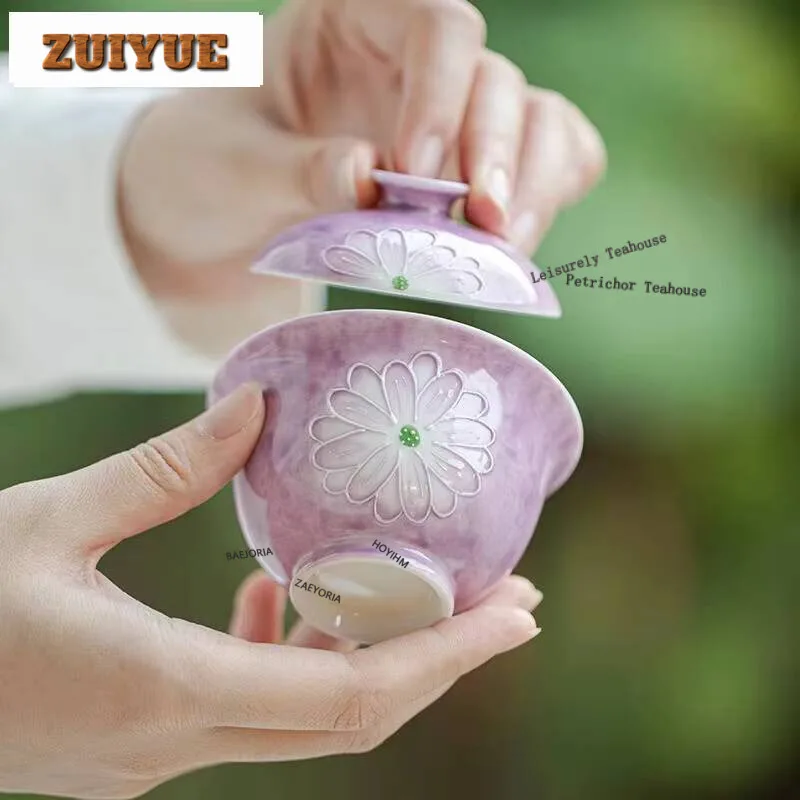 115ml Zen Hand Drawn Daisy Gaiwan Handmade Cardamom Purple Tea Tureen Maker Cover Bowl Services Accessories Craft Gifts Supplies