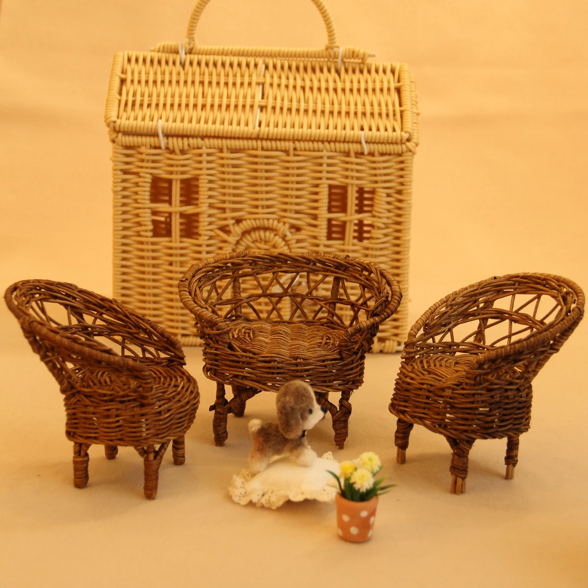 Mini meubles artificiels miniatures 1:12, Tables et chaises en rotin faites à la main, adaptés à la maison de poupée, maison de jeu, jouets, ornements