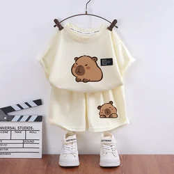 2Pcs Capybara T Shirt Fashion Children Sleeve Shorts Set Kawaii Casual Summer Kid Clothes Boy Girl Baby Tee Pant Tracksuits Gift