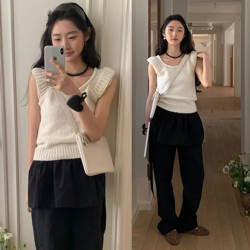 Loose Lace Splice Svel Knitted Top Korean Sle U-ape Small Flng Sve Cotton 00% Spring Faion Ladies' Sweater