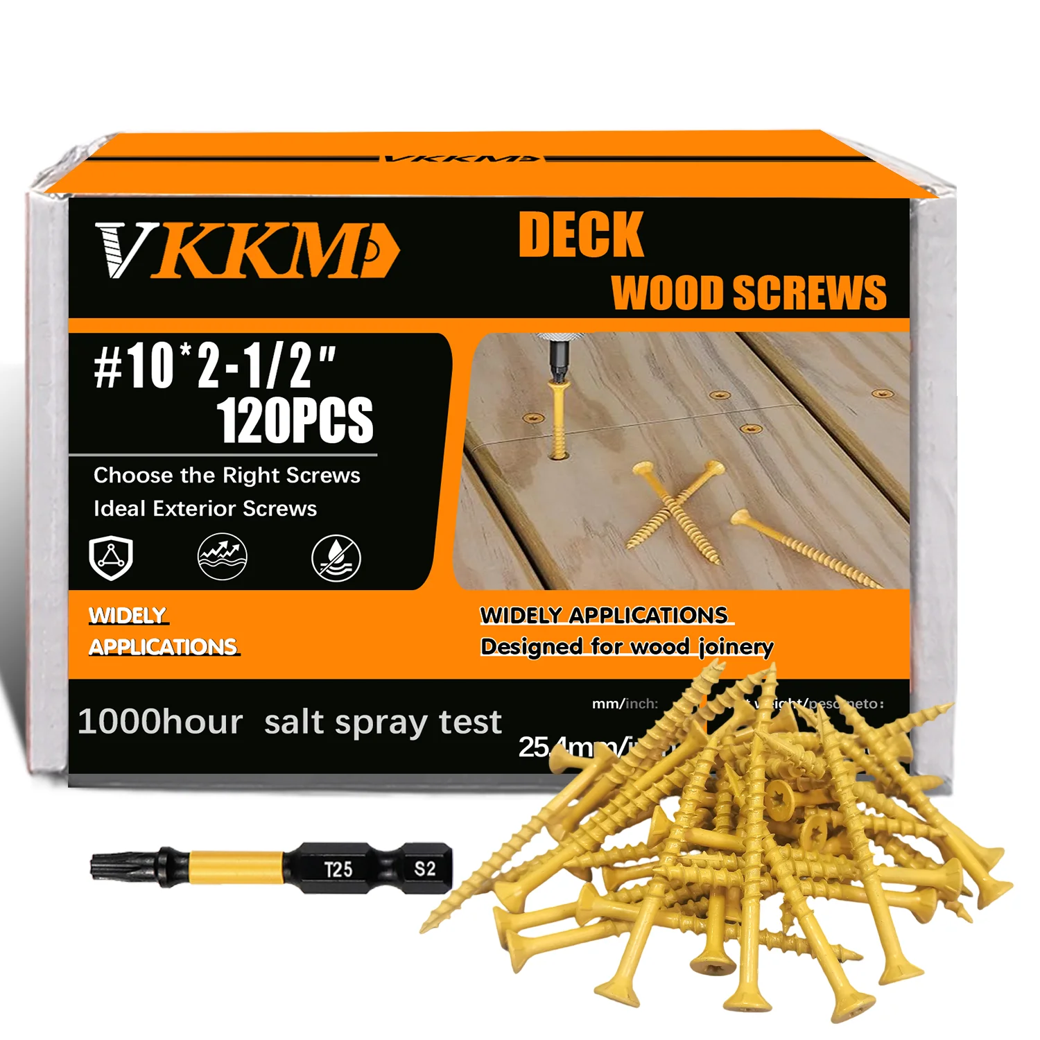 

VKKM 2-1/2-дюймовые винты для палубы, шурупы по дереву # 10*2-1/2,120 шт., антикоррозийное покрытие из эпоксидной смолы, включая привод Torx T25, желтый.