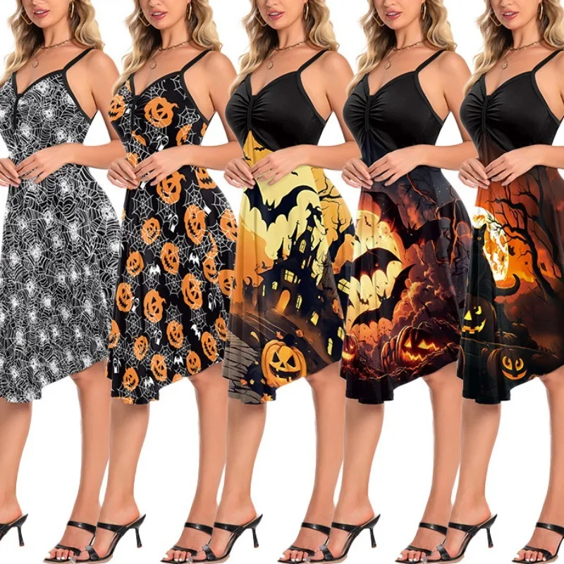 Halloween nightings costumi Cosplay adulti donne Skull Sally Clowm Print Halter Party Sexy Dress Anime Girl Costume Outfit