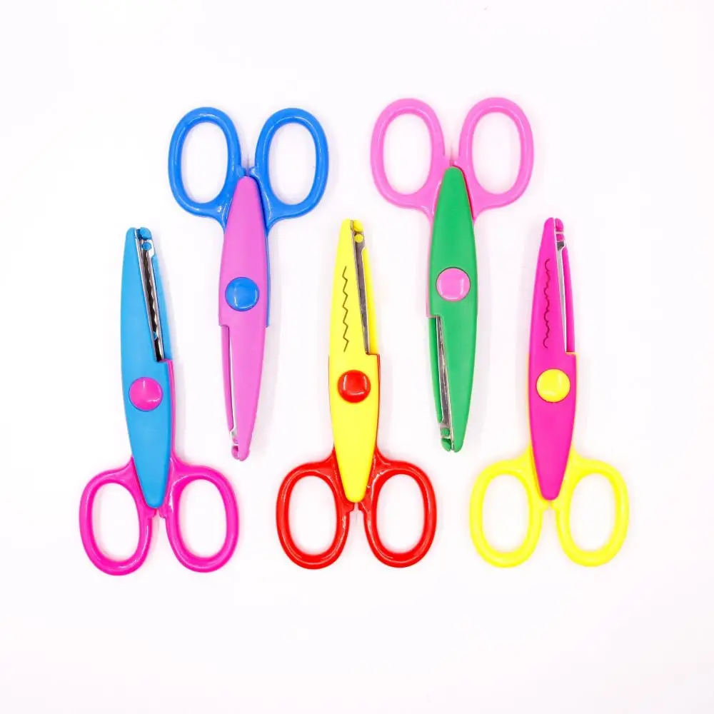 Pequena Cabeça Redonda Minimalista Lace Scissors, Multifuncional Papelaria Tesoura, Candy Color, Padrão Ondulado, 6 Estilos