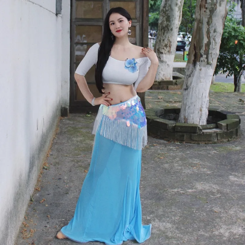 

customized Belly Dance Costumes New Set Performance Dress Class Dress Sexy Temperament Practice Clothes Blue Fish Tail Skirt