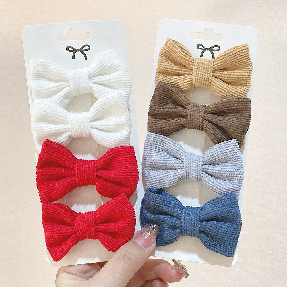 4Pcs/Set 3\'\' Bowknot Hair Clips Solid For Cute Girls Handmade Corduroy Hairpin Barrettes New Headwear Kids Hair Accessories Gift