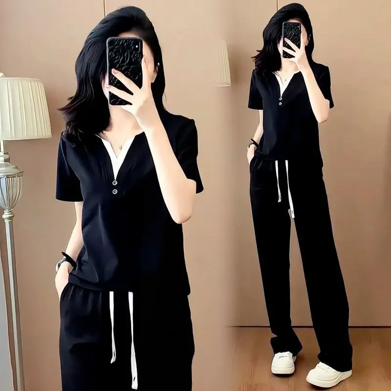 

Sportswear Set, Women's Summer New Fashion V-neck Short Sleeved Top Casual Pants Stylish Slimming Two-piece Set