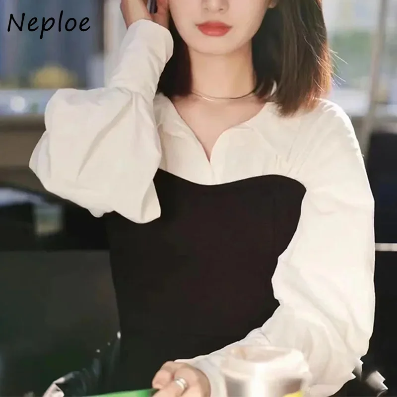 Neploe Japanese 2024 Spring New Sweet Women Tops Lapel Lantern Sleeve Patchwork Knitted Slim Pullover Shirts Fashion Blouses