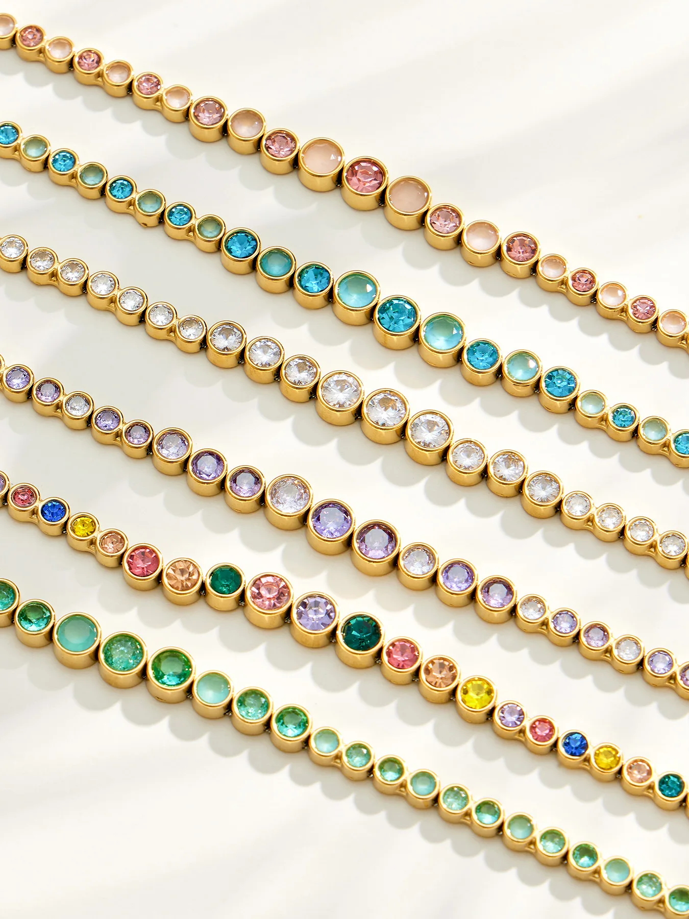Boho Farbiger Zirkon Tennis-Schmuckset für Damen 18K Vergoldetes Edelstahl Farbverlauf Runde CZ Halskette Armband Ohrringe – Detail 16