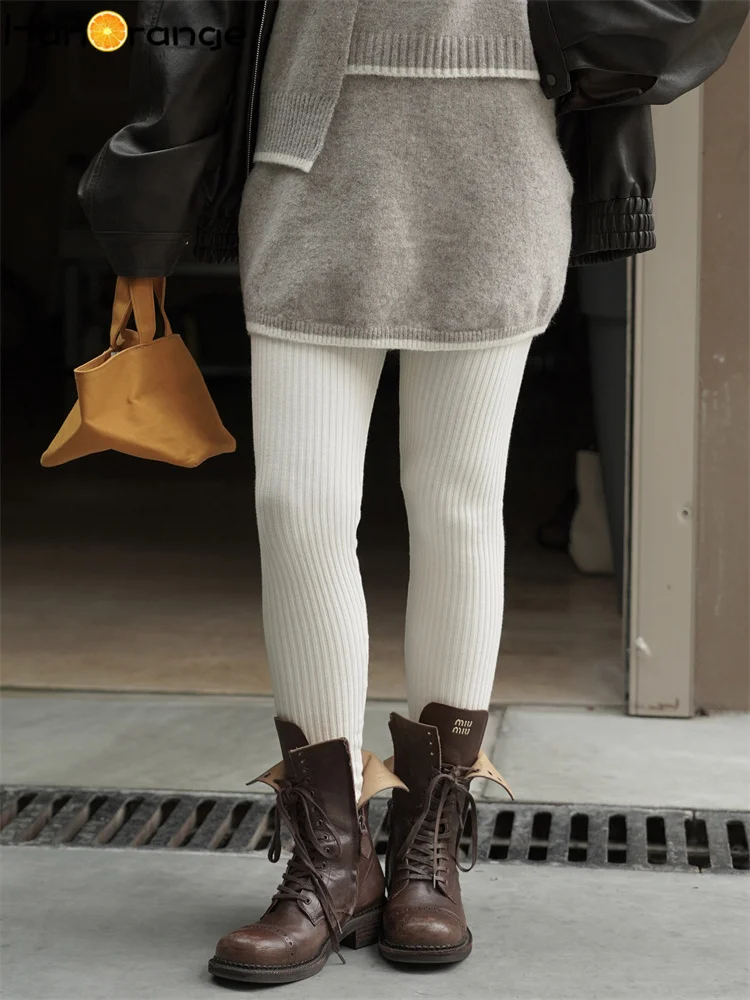 

HanOrange 2025, зимние минималистичные узкие вязаные леггинсы женские с эластичными утягивающими брюками белого/черного/серого цвета