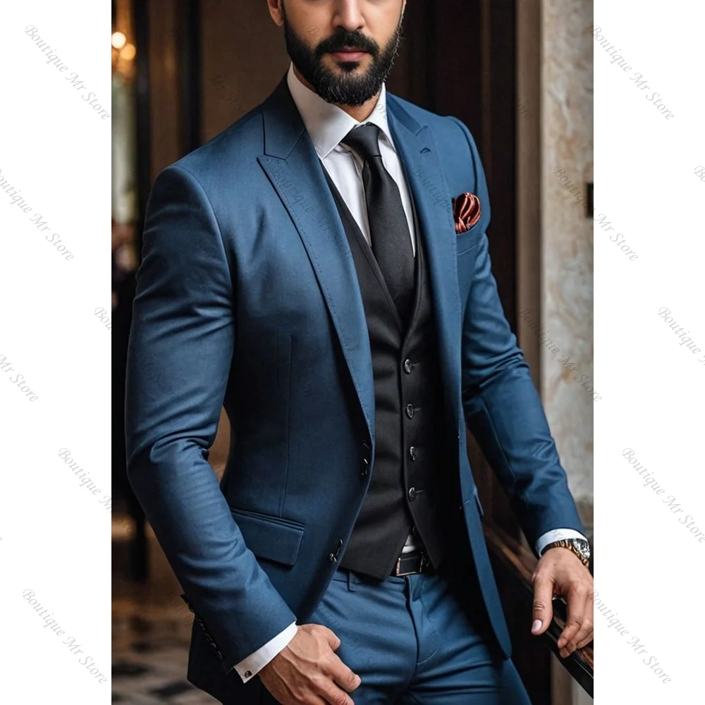 

Fashion Men Suit Single-breasted Peak Lapel 3 Pieces(Jacket+Pants+Vest) Male Formal Wedding Party Set