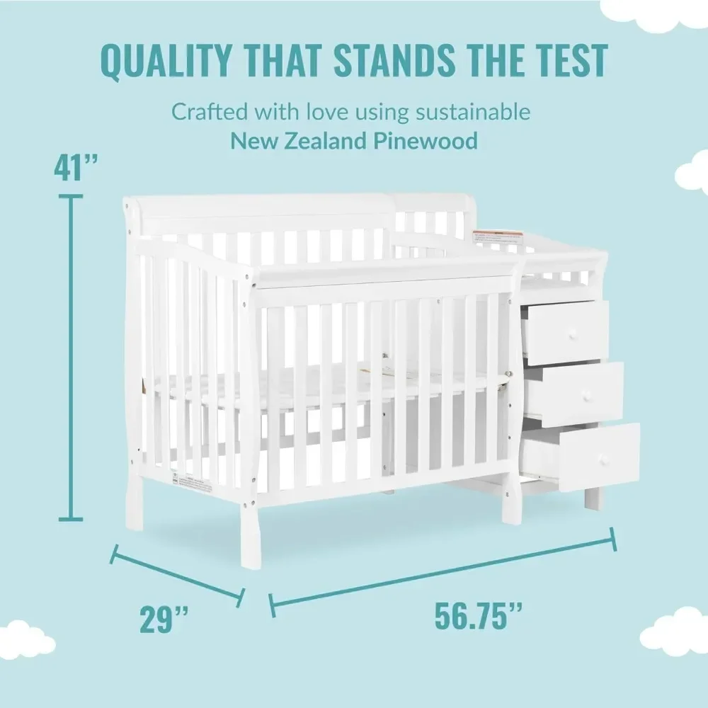 Dream On Me Jayden 4-in-1 Mini Convertible Crib And Changer in White, Greenguard Gold Certified, Non-Toxic Finish, New Zealand