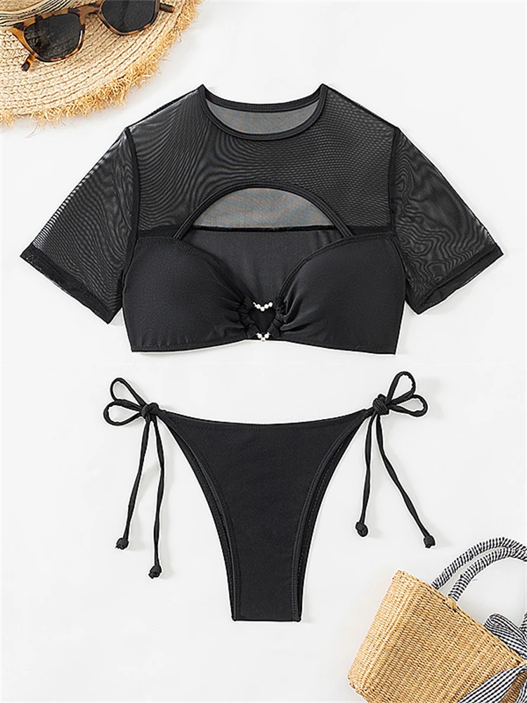 

Bikini Women Swimsuit 2025 New Solid Short Sleeve Bikinis Set Sexy Hollow Out Swimwear Summer High Waist Beachwear Bathing Suit