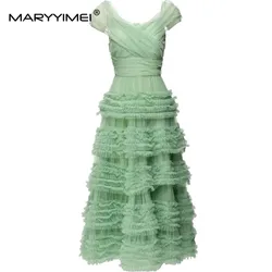 MARYYIMEI Fashion Designer dress Summer Women Dress Solid Color Square Collar Net Yarn Cascading Flounces Big Swing Long Dress