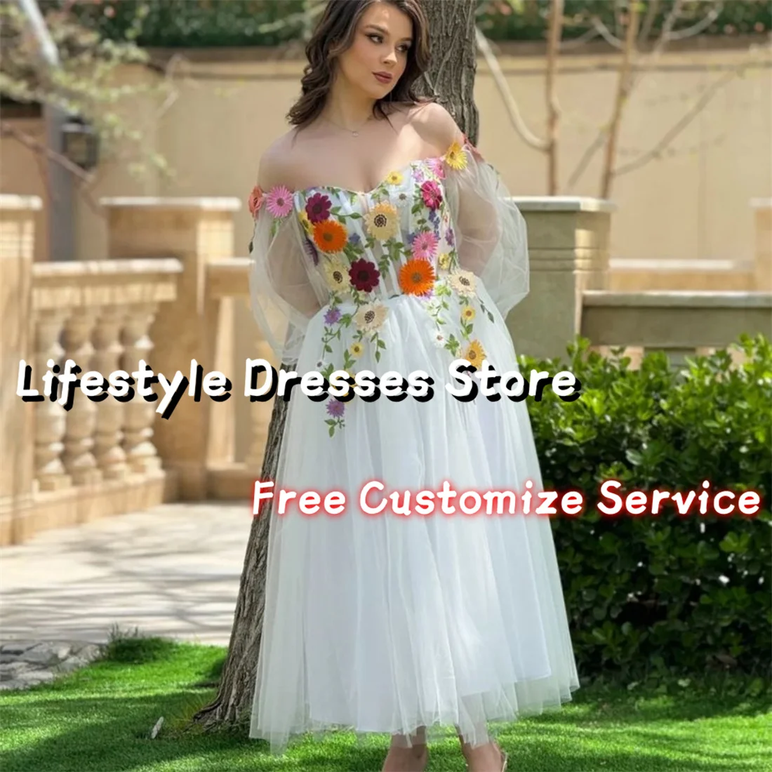 

Colorful Floral Applique Prom Dresses A-Line Long Sleeves Off Shoulder Graduation Dresses 2024 White Elegant Formal Dress