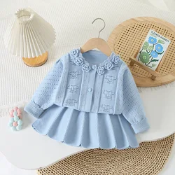 Girls Knitted Clothes Sets Spring Autumn 2024 Children Woolen Jersey Sweaters Skirts 2pcs Dress Suit For Baby Outfits Kids 5 6Y