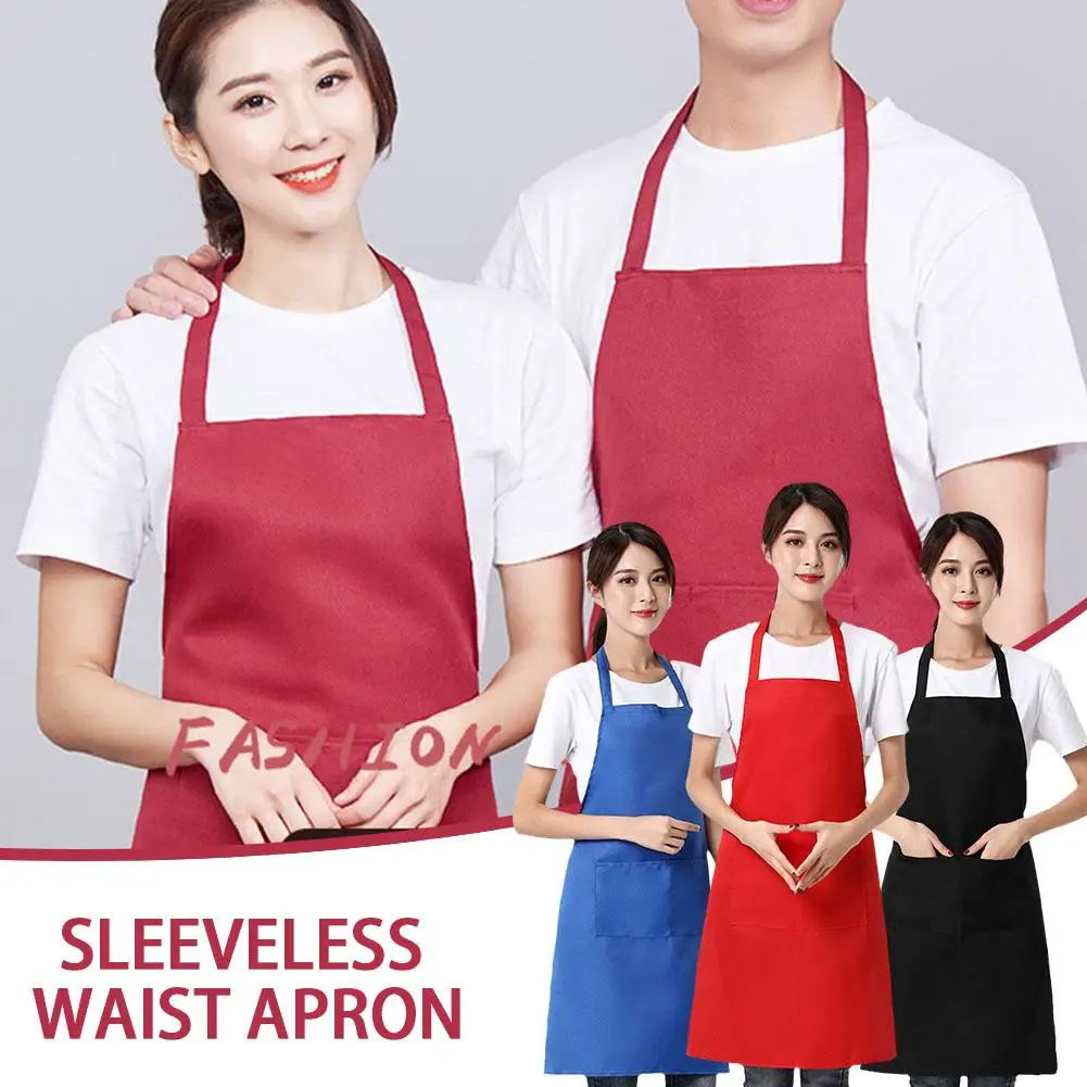 New Sleeveless Waist Apron Simple Solid Color Unisex Dirt Anti Oil-proof Apron Cooking Work With Accessories Pockets Kitche V4y0