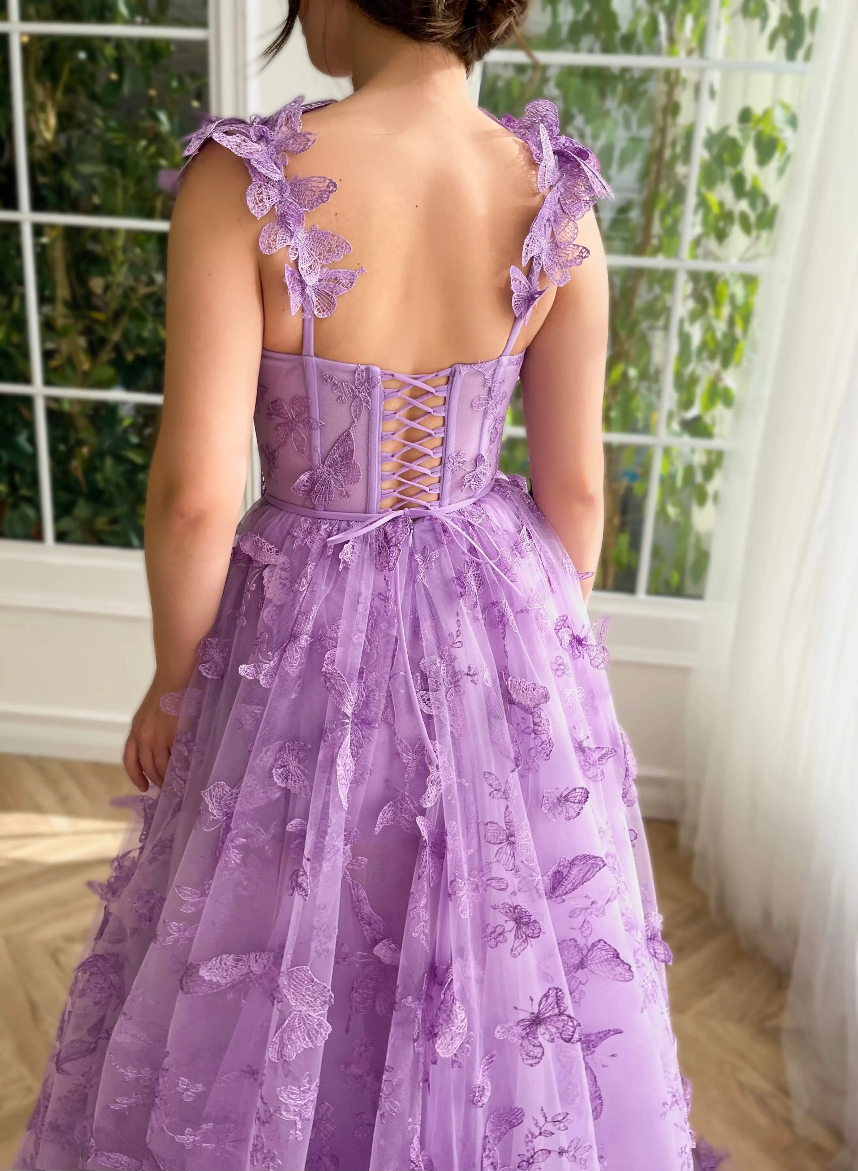 Lilac Lace Prom Dresses 2024 Butterfly Spaghetti Straps Sweetheart A Line with Pocket Belt Hi-lo Corset Zipper Back Evening Gown