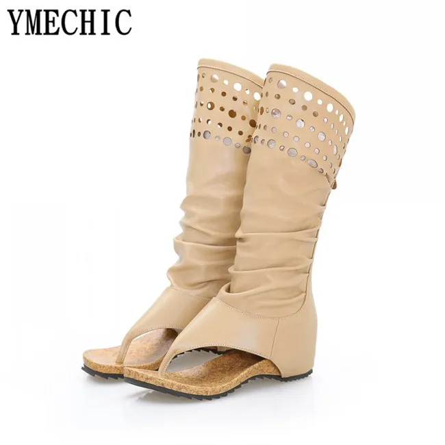 YMECHIC 2023 moda Beige kaki Hollow tacco piatto donna stivali estivi scarpe da donna femminili sandali gladiatore alti al ginocchio