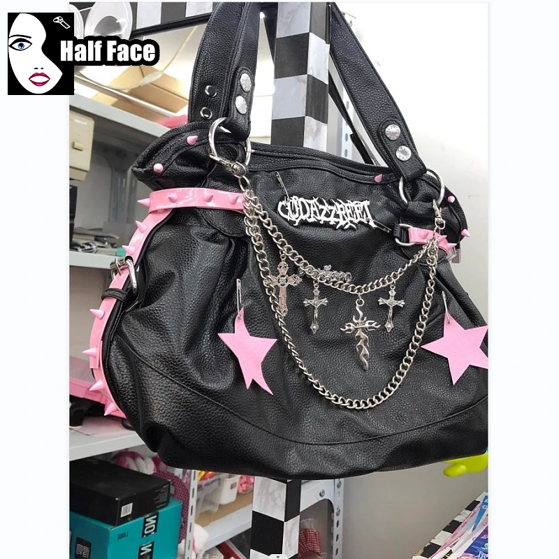 Y2K Girls Harajuku Gothic Underarm Handbag Rivet High Capacity Bag Street Lolita Star Chain One Shoulder Punk Women’s Bags Tote