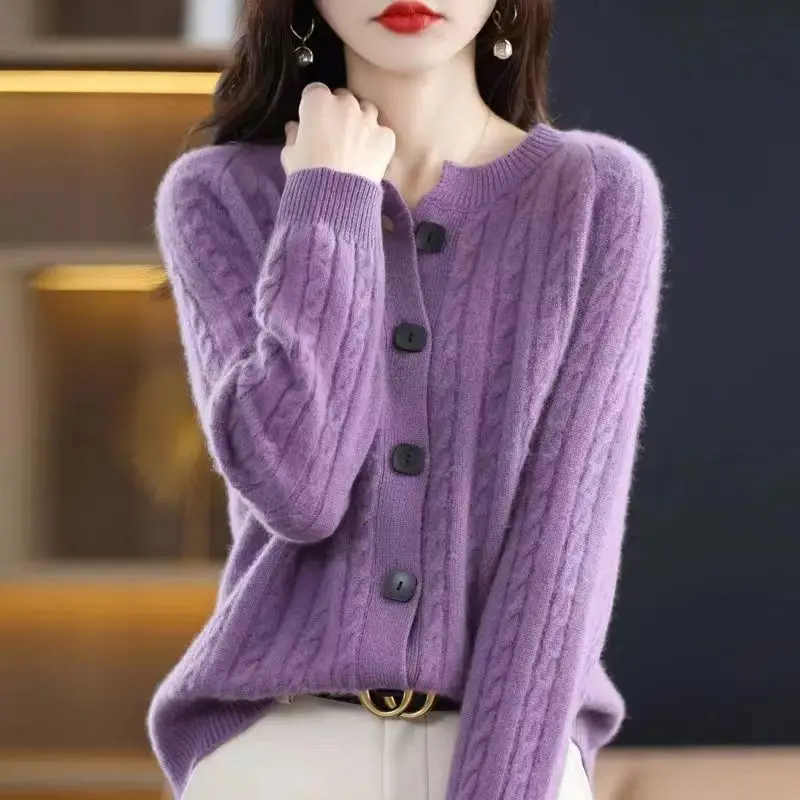 2024 Autumn/Winter Commuting Fashion Versatile Sweater Cardigan Long Sleeve Loose Solid Color Round Neck Button Women's Coat Top