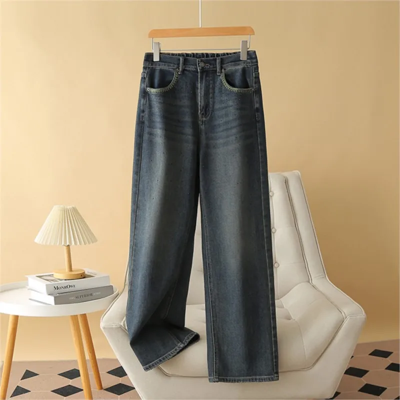 Retro Wide Leg Jeans For Women Spring And Autumn New Plus Size Loose Quality High Waist Straight Leg Long Pants 8208