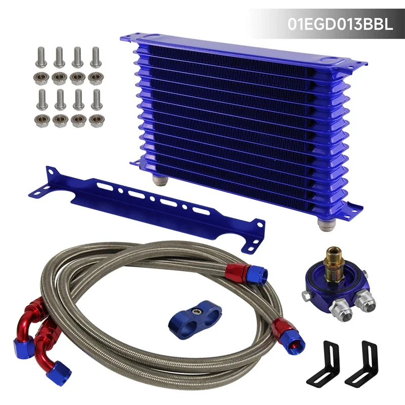 

AN10 13Row 262mm Universal Engine Oil Cooler w/Bracket + Aluminum Filter Hose End Kit Blue/Black For mini cooper r56