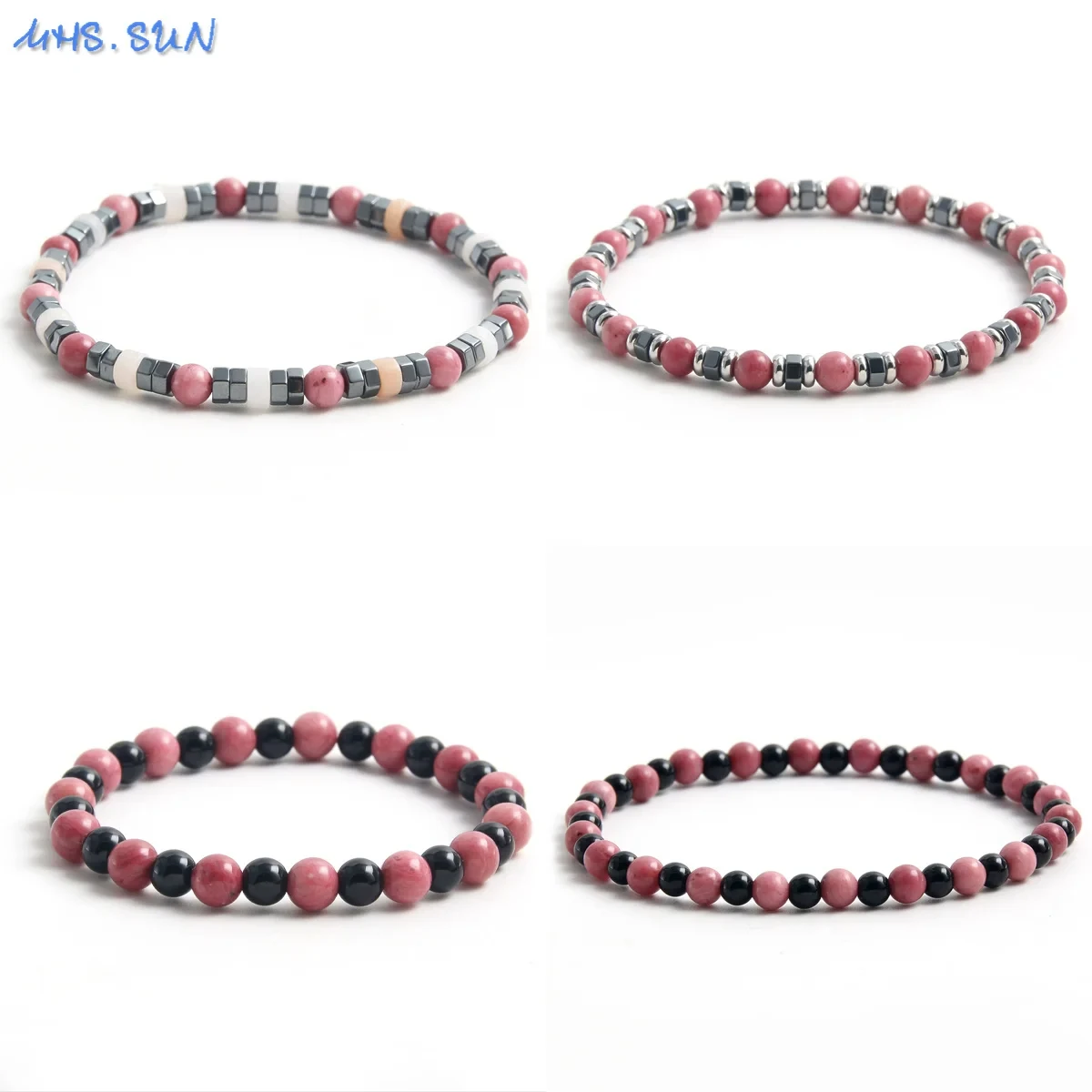 Wholesale Pink Bead Black Gallstone Beaded Bracelet Energy Healing Stretchy Bangle Women Men Yogo Meditation Luck Jewelry Gift