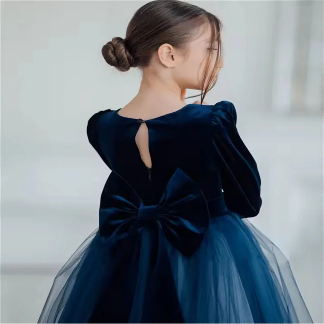 Customized Navy Blue Flower Girl Dresses Tulle Velvet With Bow Long Sleeve For Wedding Birthday Prom Banquet Princess