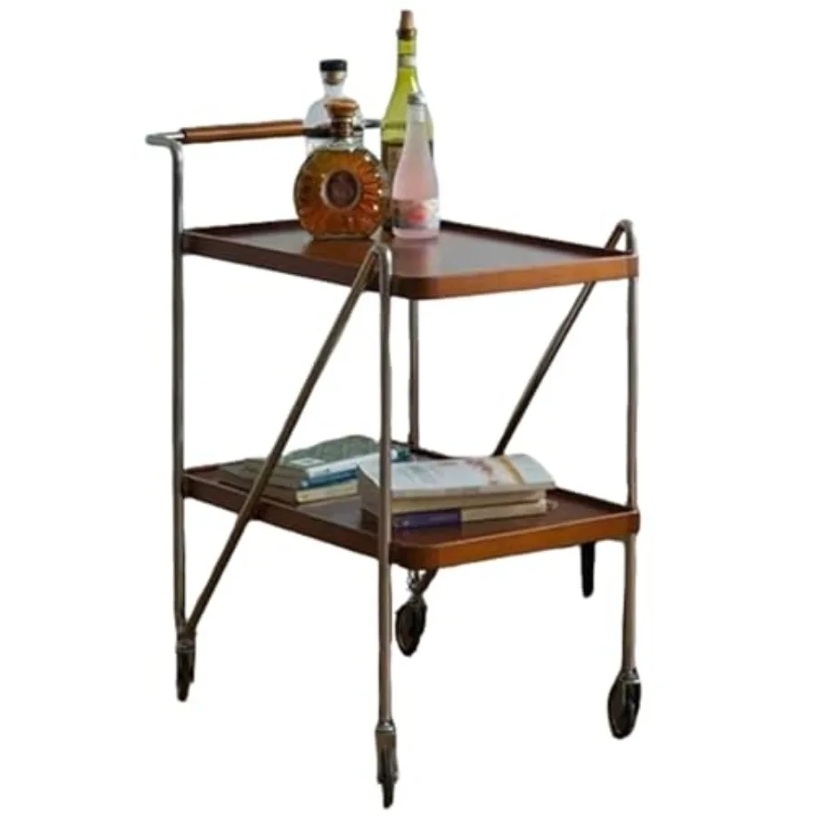 

Vintage 2-Tier Serving Cart with Handles, Mobile Beverage Cart with Brake Wheels, Wood and Metal for Cafe and Hotel Brown