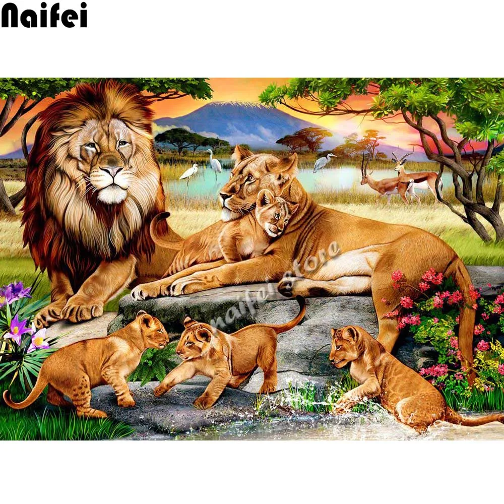 Diamond Painting Kit Lion's Family In The Grassland Diamond Art Full Drill Mosaic Animals Embroidery Cross Stitch Decorations