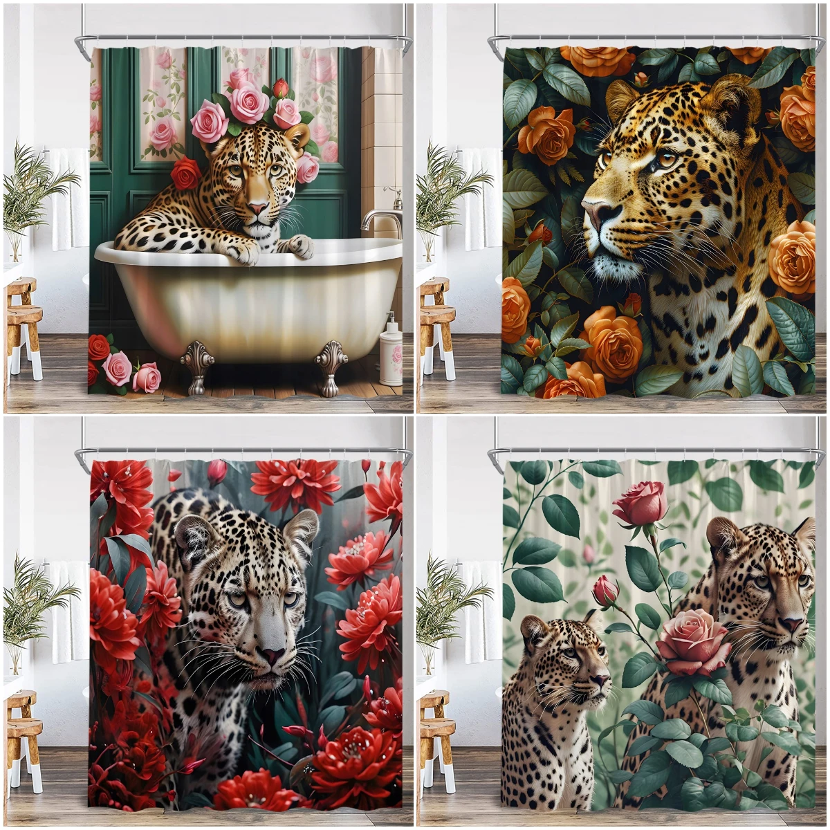 

Leopard Floral Shower Curtain Bathing Wild Animal Print Green Leaf Flower Elegant Panther Bathroom Decor Modern Bath Curtain