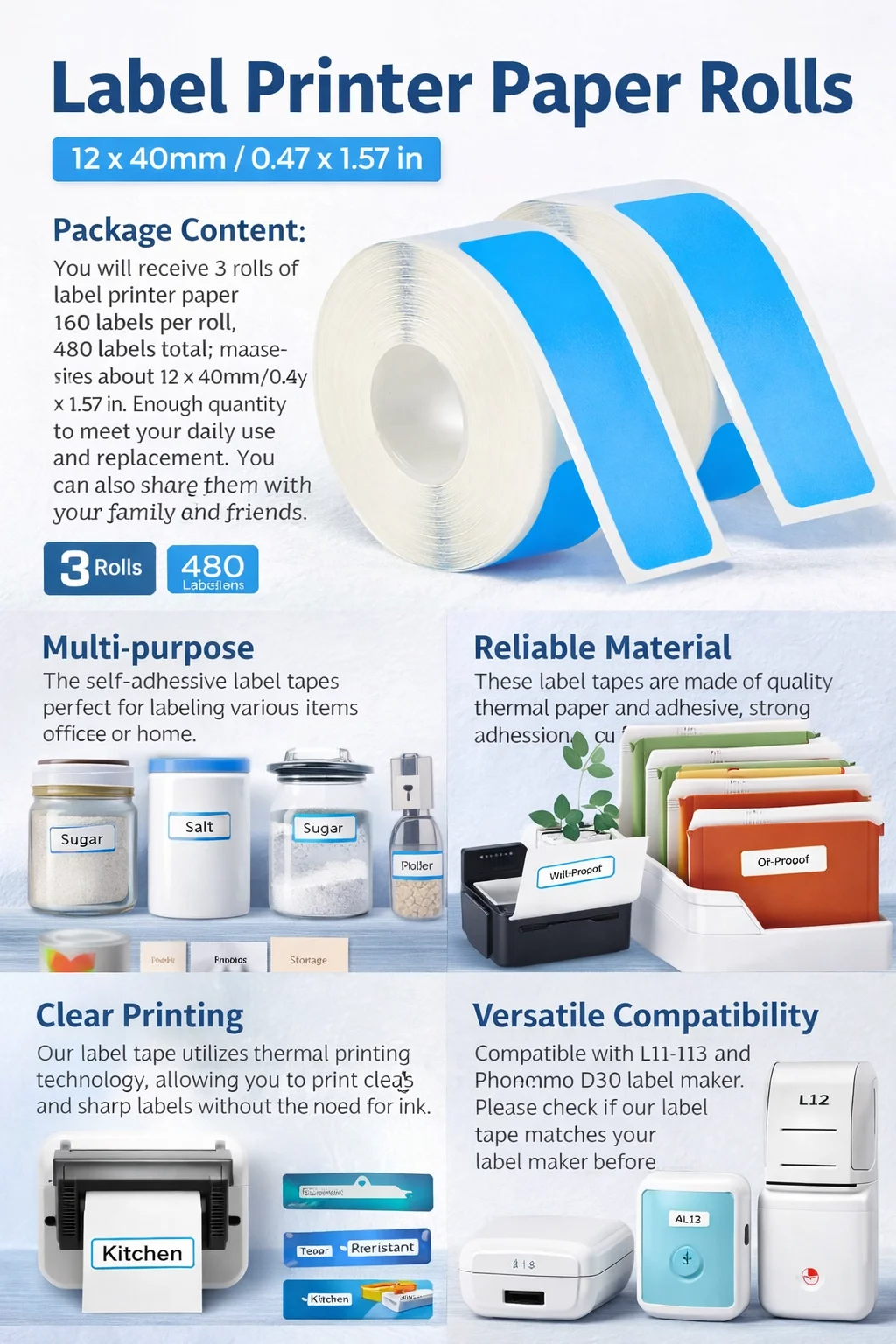 

3 рулона (480 шт.) термобумаги для этикеток для принтера Phomemo D30, 12 мм x 40 мм, водонепроницаемые самоклеящиеся стикеры