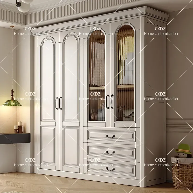 American Retro Solid Wood Wardrobe 3 4 5 6 Door Bedroom Storage Cabinet Rural Pastoral Light Luxury Glass Door White Large
