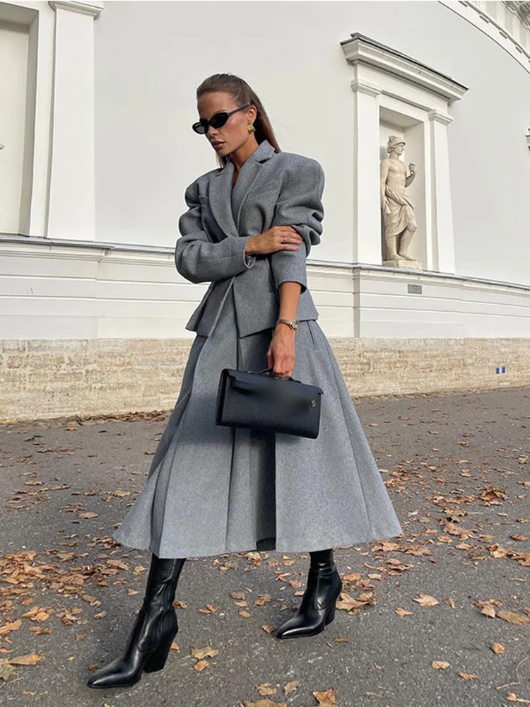 Elegant Women Lapel Full Sleeve Pocket Coat Suit Chic Slim Grey Pleated Long Skirt Set Fashion New Spring Autumn Warm Outfit