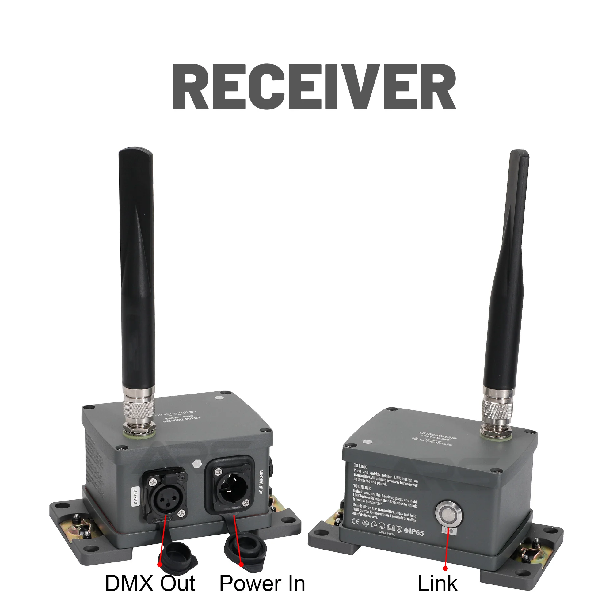 Transmissor e receptor DMX sem fio alimentado por LumenRadio IP65 para iluminação interna e externa