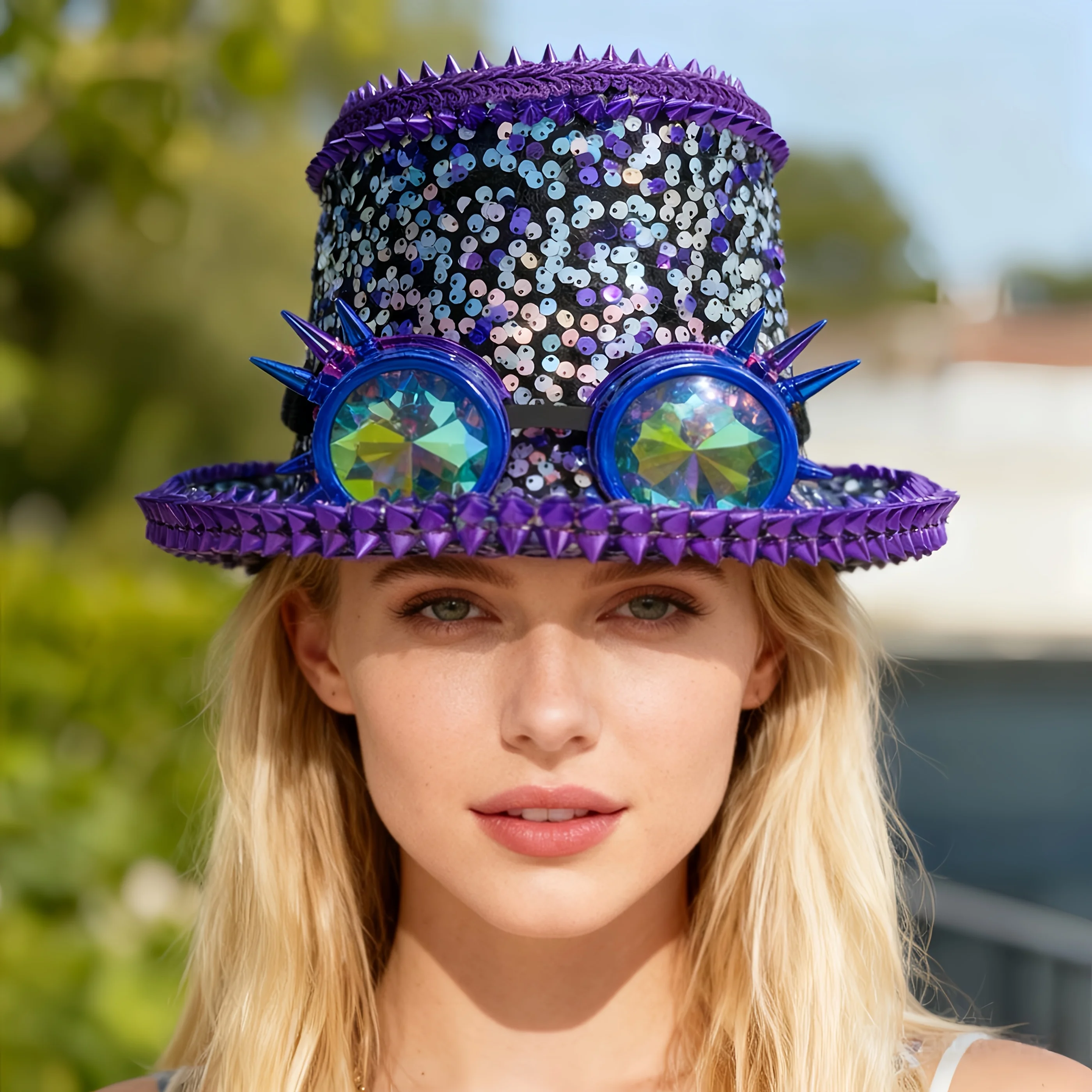 HongLuan Violet Steampunk Top Hats for Man , Sequin Festival Top Hat for Woman with Goggles, Vintage Burningman Outfit for Women