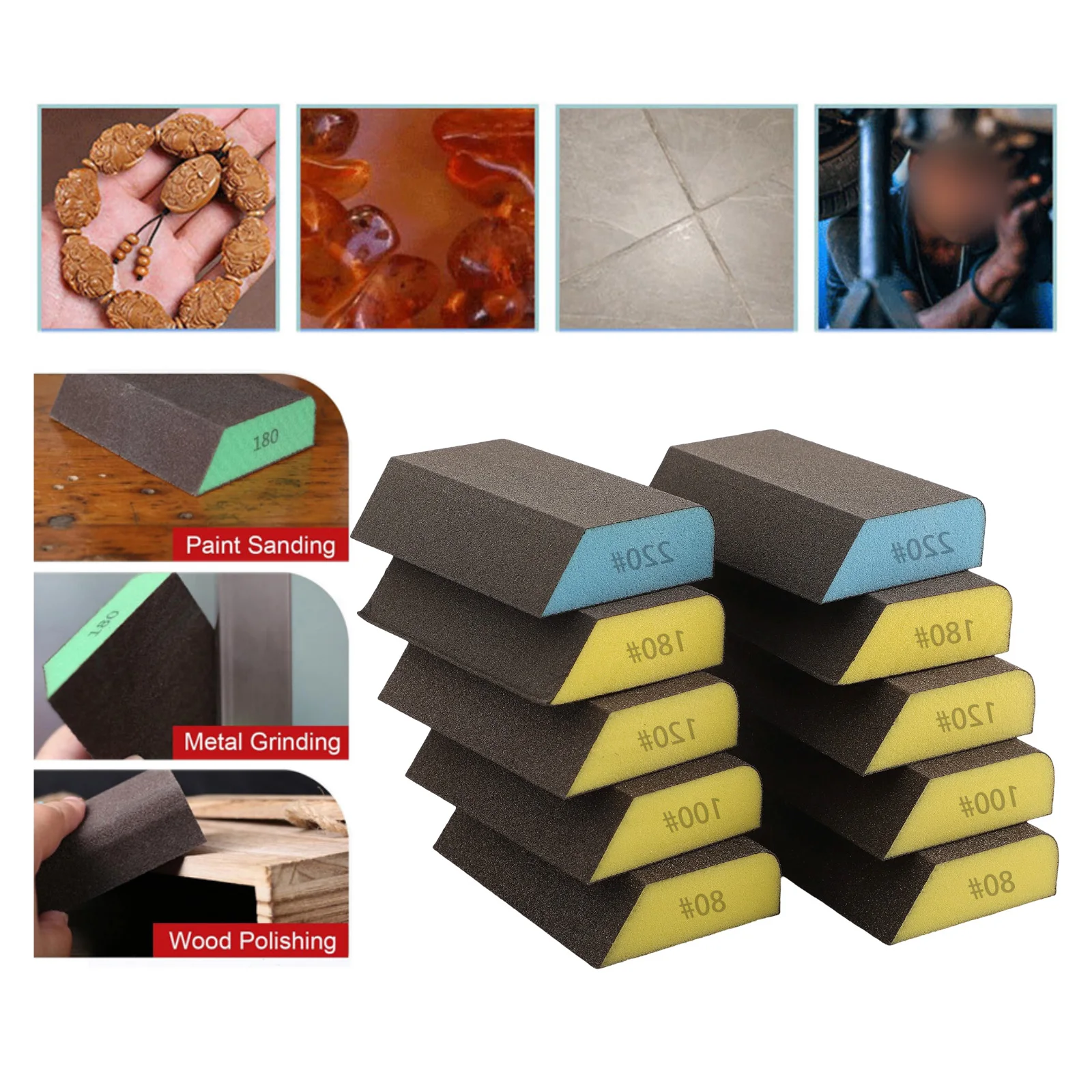 10 Pcs Sanding Block Washable Sponges Sanding Blocks Set 80-220Grit For Woodworking Grinding Block For Wood Drywall Metal  ﻿