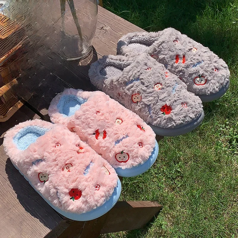 

Kids' Slippers House Shoes ​Apple Cartoon Cotton Winter Shoes For Girls Anti-slip Soft Bottom Warm White gray Shoes Size 41-45