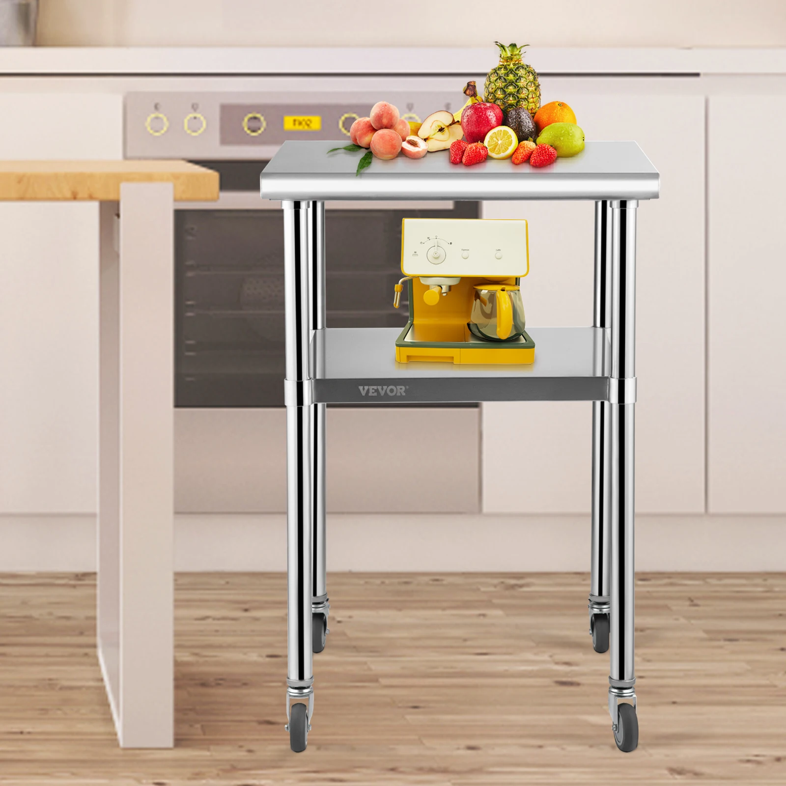 VEVOR-mesa de trabajo de acero inoxidable de 2 capas, estación de trabajo comercial con ruedas universales ajustables, 600/800 libras