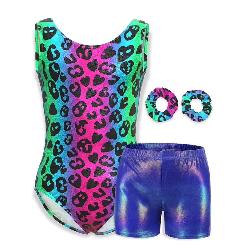 

Купальники для девочек, гимнастический детский комплект из 4 предметов, блестящие боди без рукавов с шортами и повязкой на голову, костюм