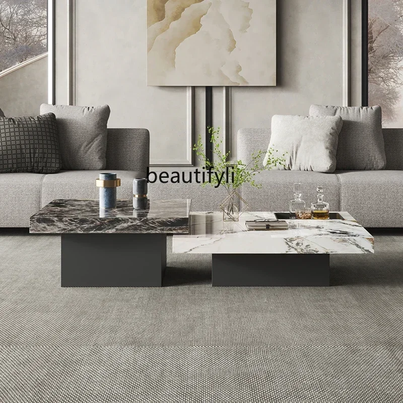 

V Italian light luxury rock slab square coffee table small apartment minimalist marble tea table designerAA