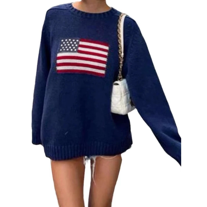 الرجعية طويلة Sve محبوك سترة جولة Ne البلوز العلم تصميم الخريف الشتاء المرأة الراقية الشعور أعلى فضفاضة تناسب Sle #2