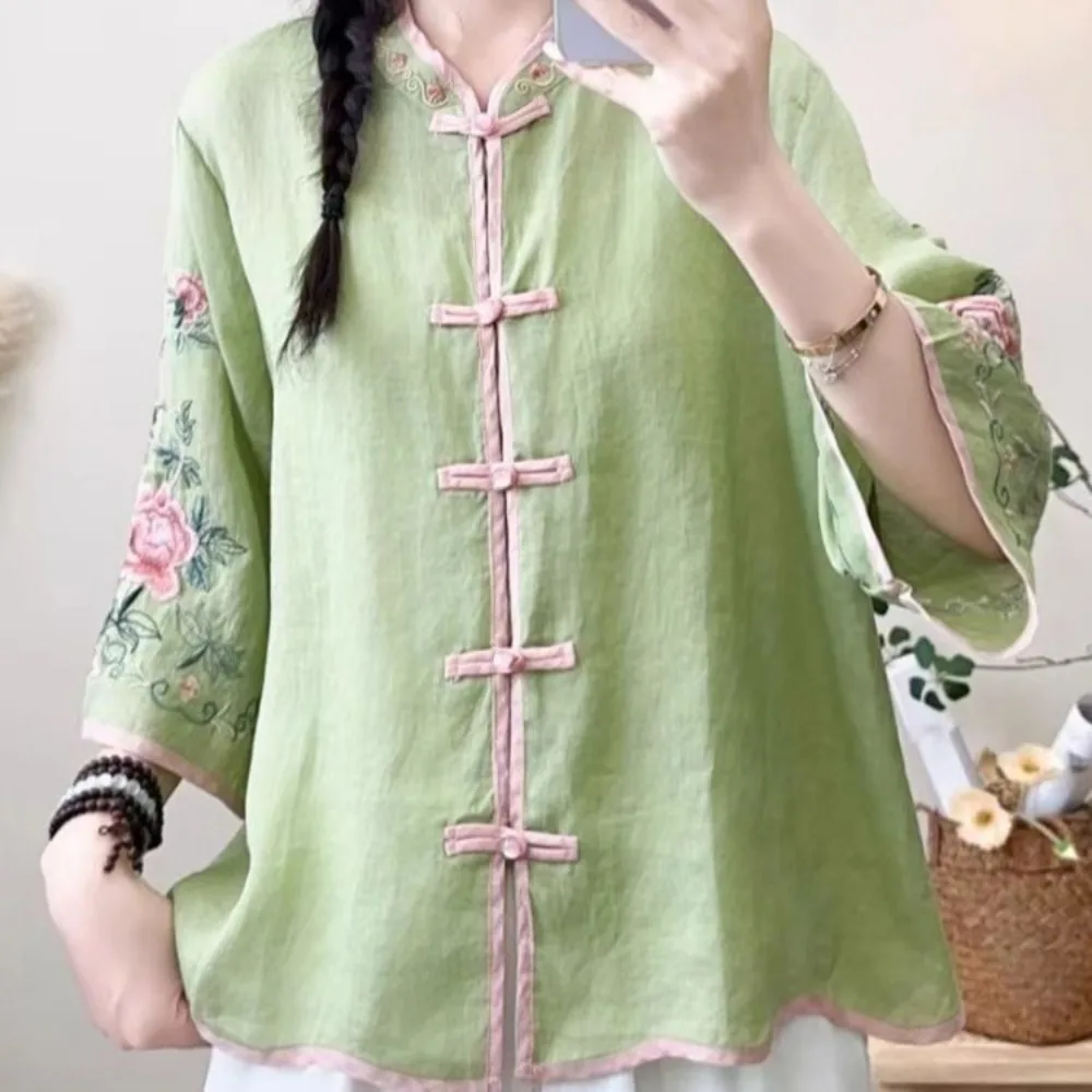 

Women's Summer Cotton Linen Shirt, New Chinese Style Embroidery Frog Button Loose Stand Collar Retro Literary Top