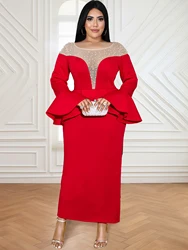 Plus Size Women Vintage Red Evening Party Dress Mesh Patchwork See Through Beading Ruffles Flare Sleeve abiti compleanno matrimonio