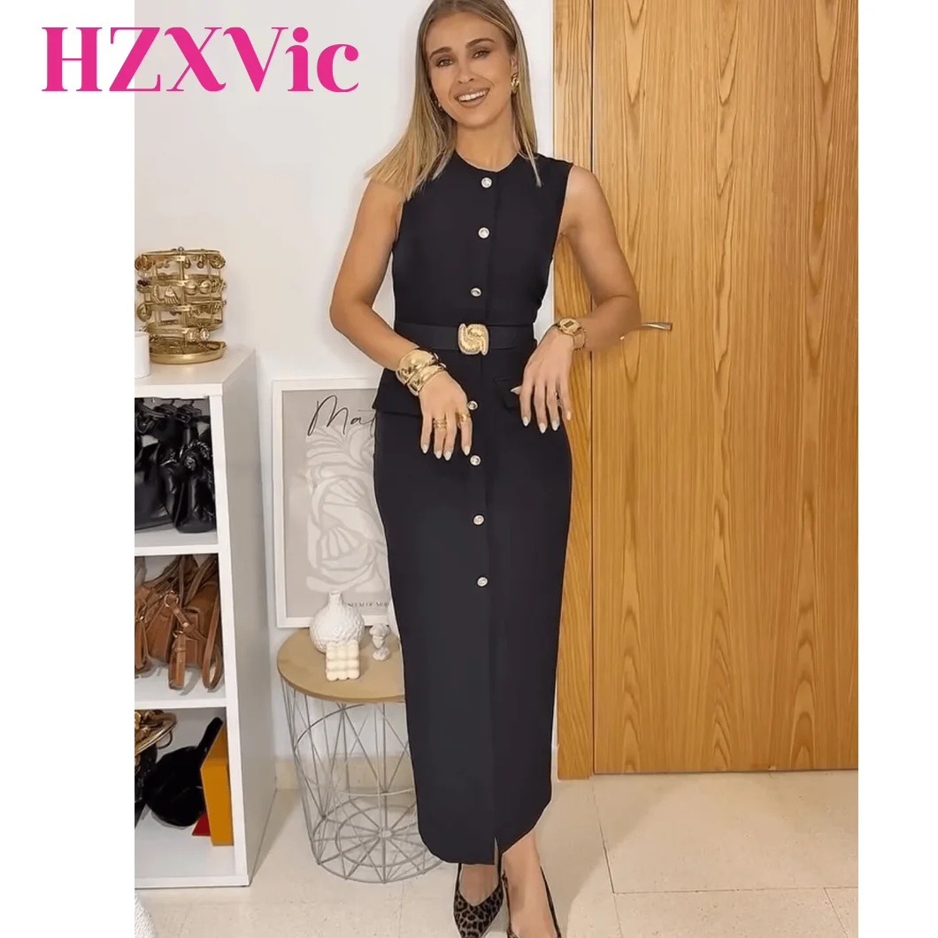 

HZXVic Women's Round Neck Spring New Style European And American Style With Belt Sexy Style Sleeveless Flute Dress