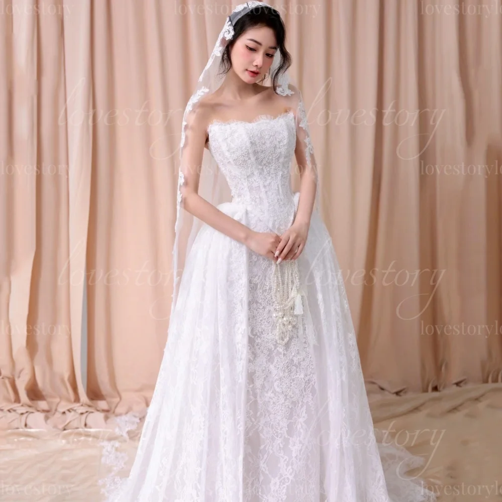 Customized Luxury Lace Wedding Dresses Strapless A   Line Detachable Train Bridal Gowns Illusion Bride Robes vestido de novia