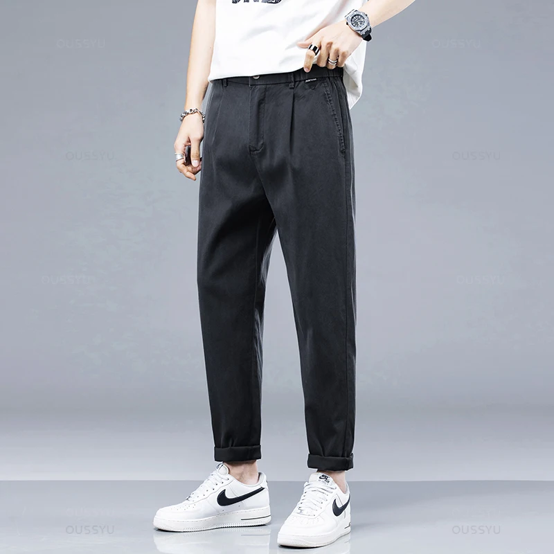 New Summer Soft Cosy Breathable Lyocell Fabric Casual Pants Men Thin Slim Elastic Waist Korea Jogger Work Wine Red Trousers Male